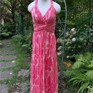 Badgley Mischka Pink and Cream Silk Halter Maxi Dress